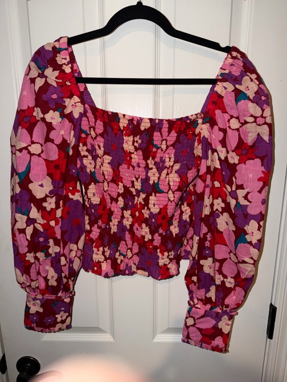 Free People Floral Smocked Puff Sleeve Top - Pink, Purple & Red